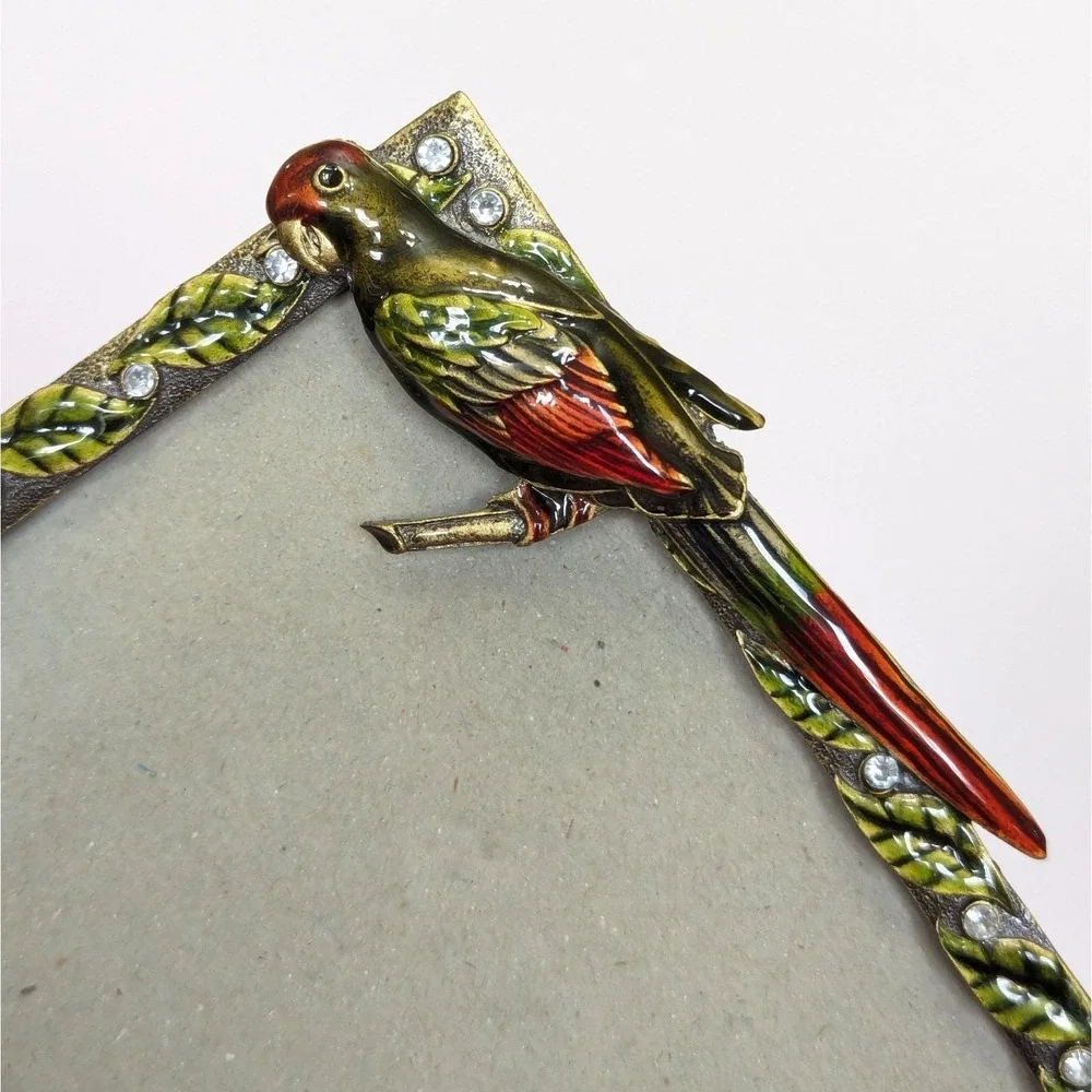 Jeweled Enamel Parrot Picture Frame Rhinestone Tropical Bird Leaves 4x6 Photo